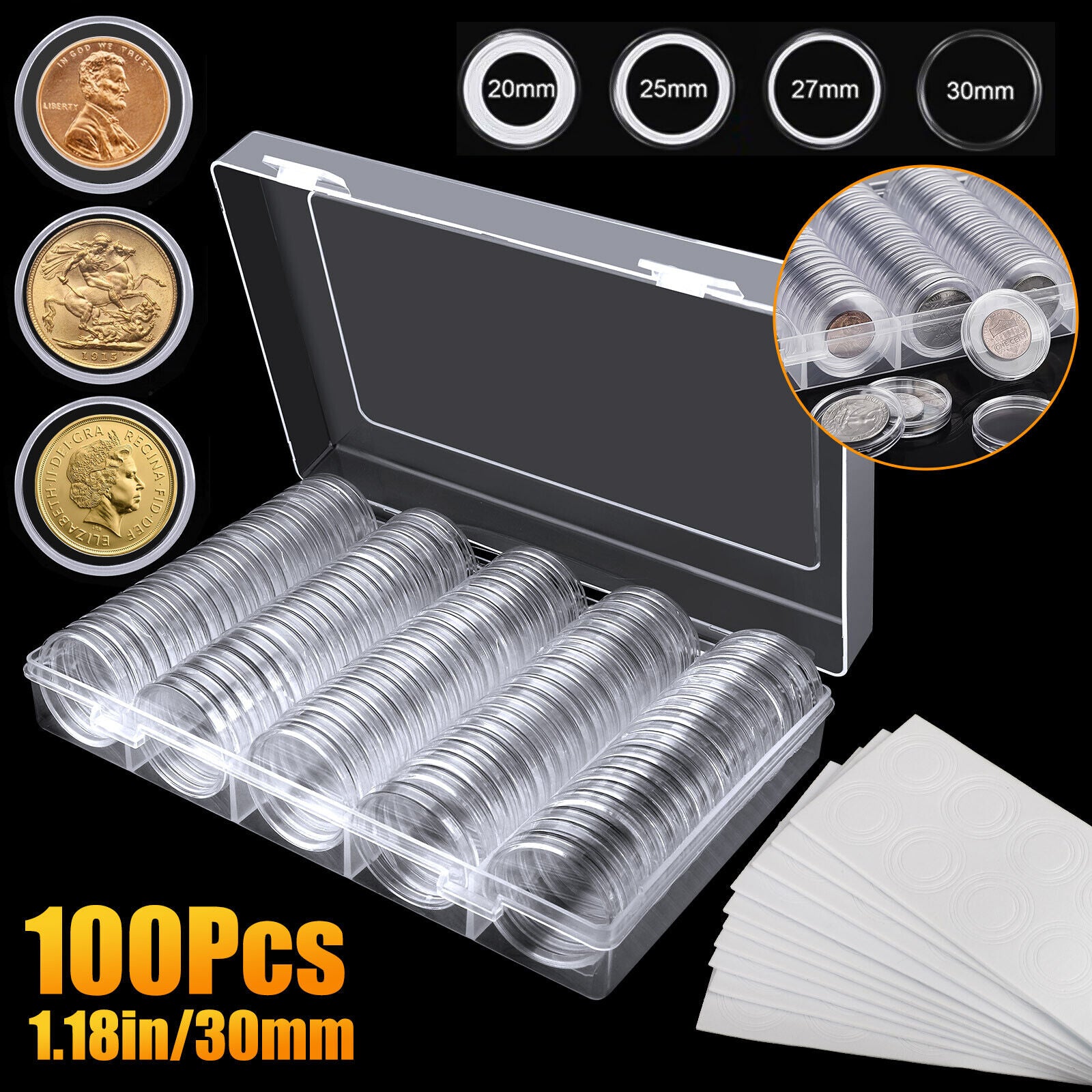 100PCS 30mm Coin Capsules Round Plastic Coin Holder Case Collection Storage  Box