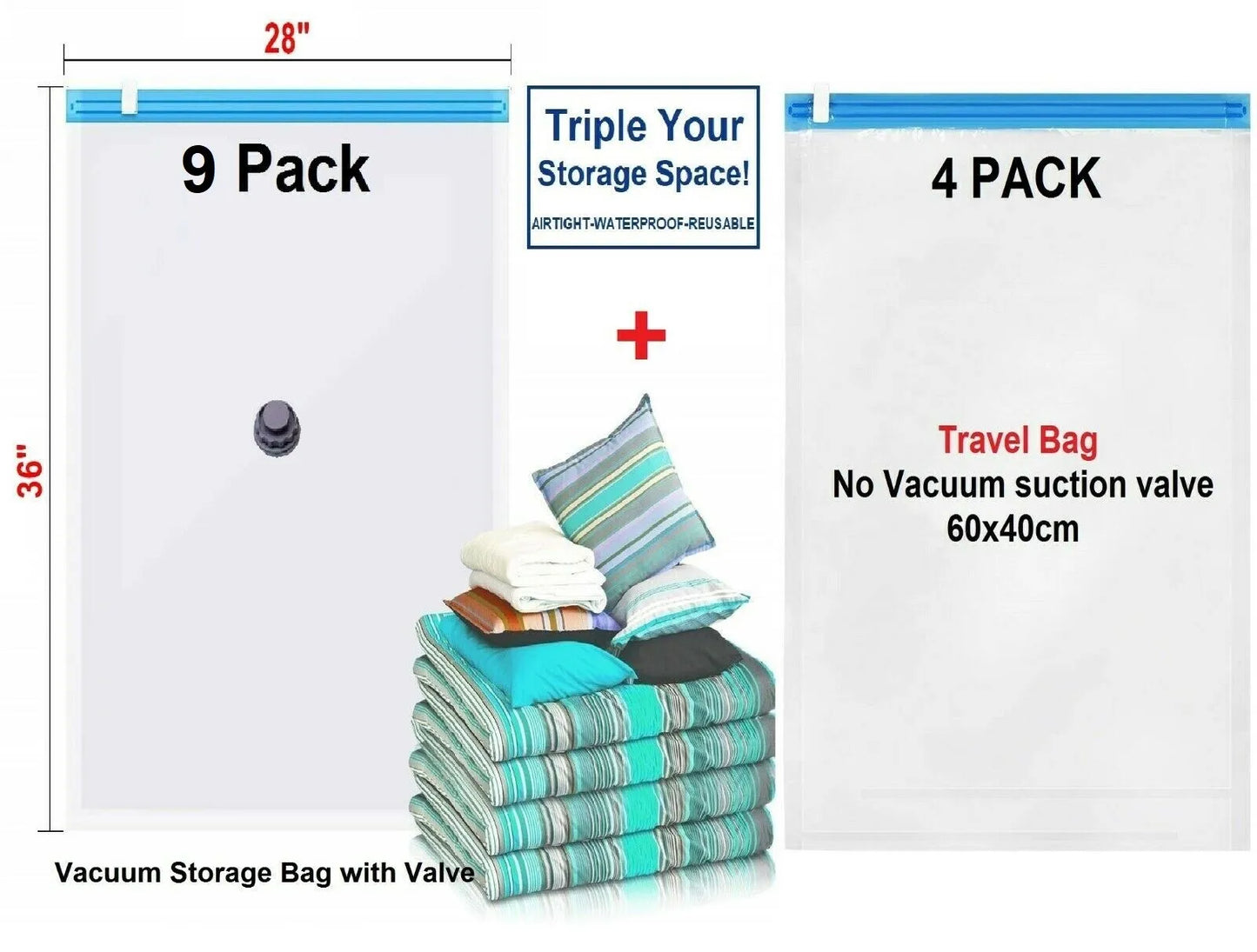 13 PACK : 9 Large XL Vacuum Seal Storage Bags + Bonus 4 Travel Bags