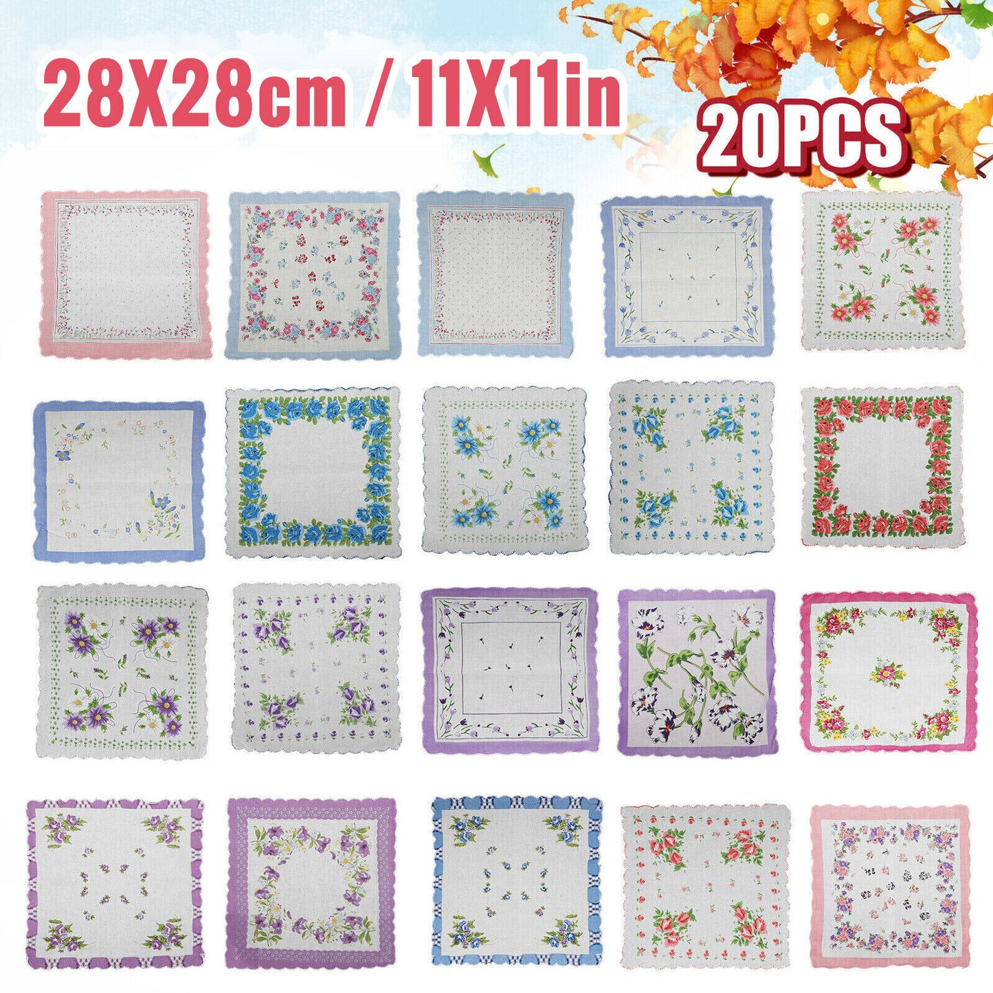 20PCS Ladies Handkerchiefs 100% Cotton