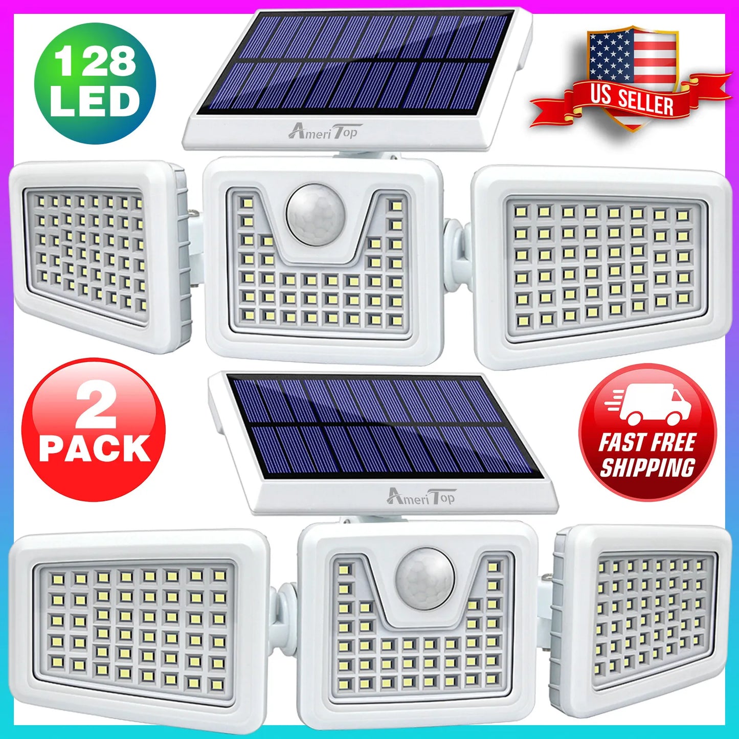 2 Pack Solar Lights Security Outdoor 800LM 128 LED