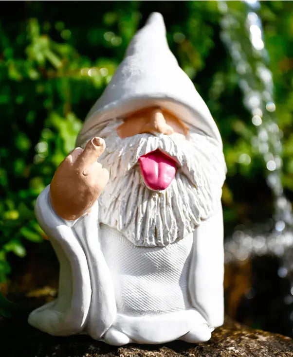 White Wizard Gnome Middle Finger Garden Decor