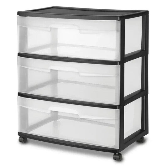 Plastic 3 Drawer Cart Wide Tower Black