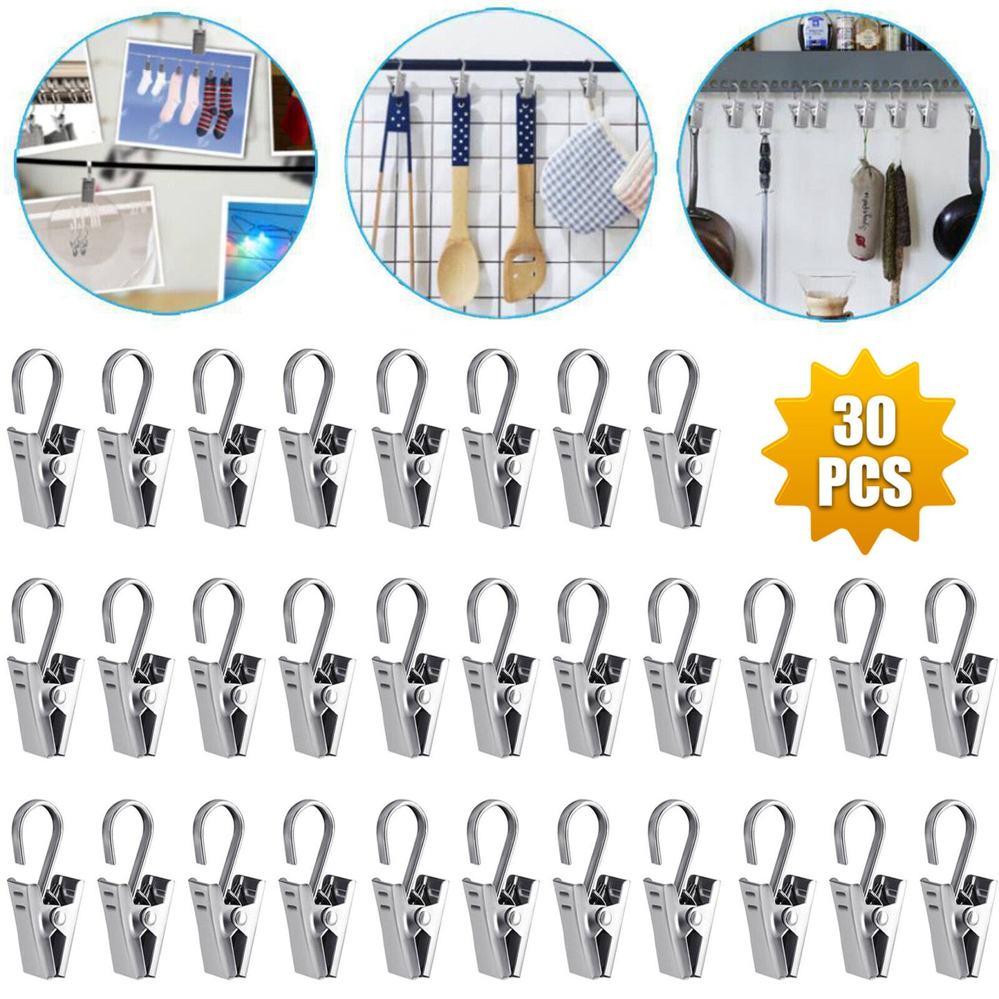 30Pcs Stainless Steel Curtain Clips