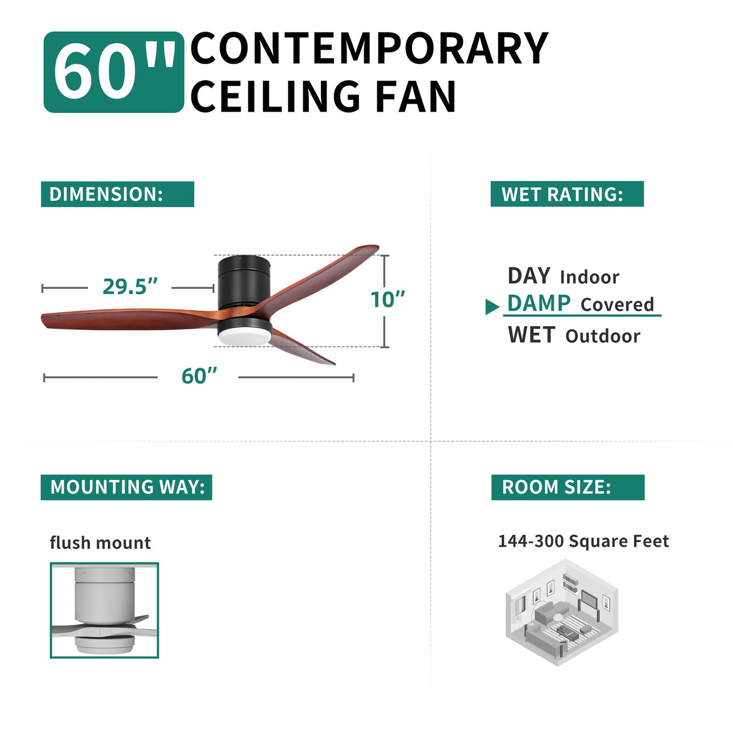 60 Inch Low Profile Ceiling Fan w/Remote