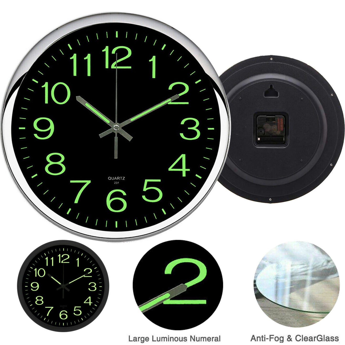 Large Wall Clock Glow In Dark Decor 12''