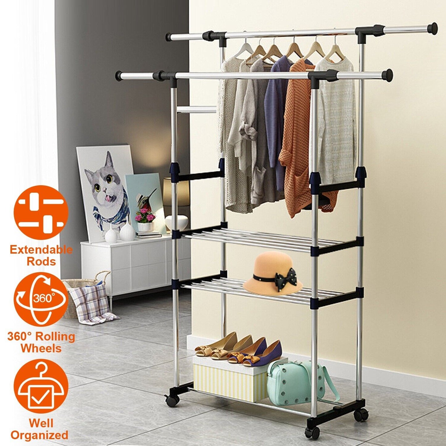 Garment Rack Double Bar Rolling