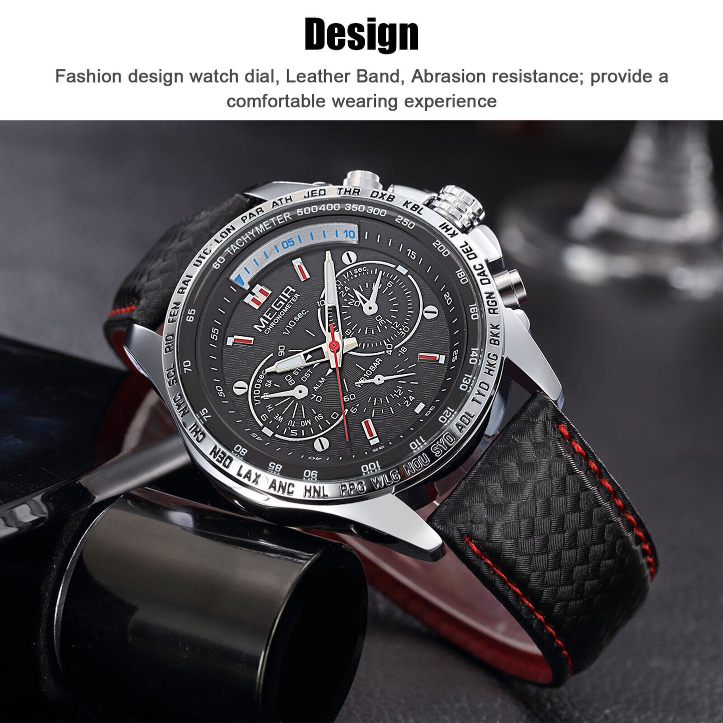 Men Stainless Steel Leather Analog Sports Watch