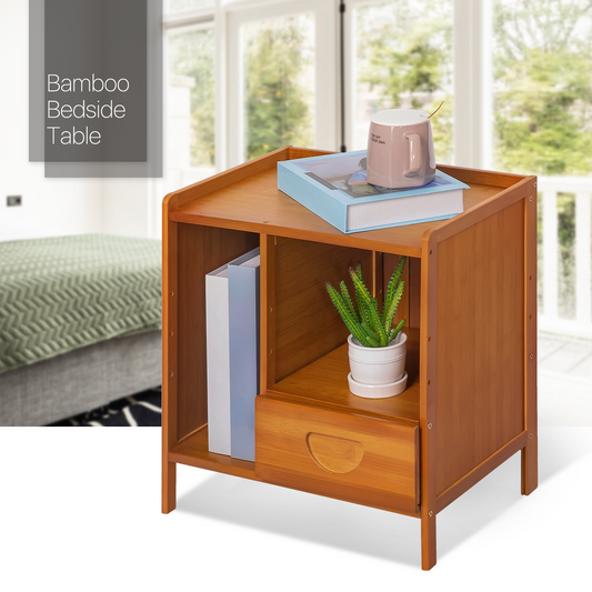 Bamboo Nightstand Open Shelve Storage Cabinet+Drawer