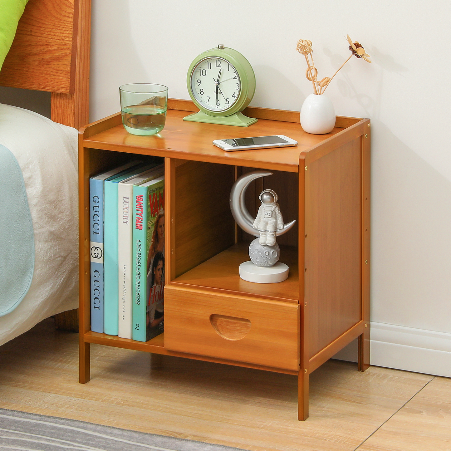 Bamboo Nightstand Open Shelve Storage Cabinet+Drawer