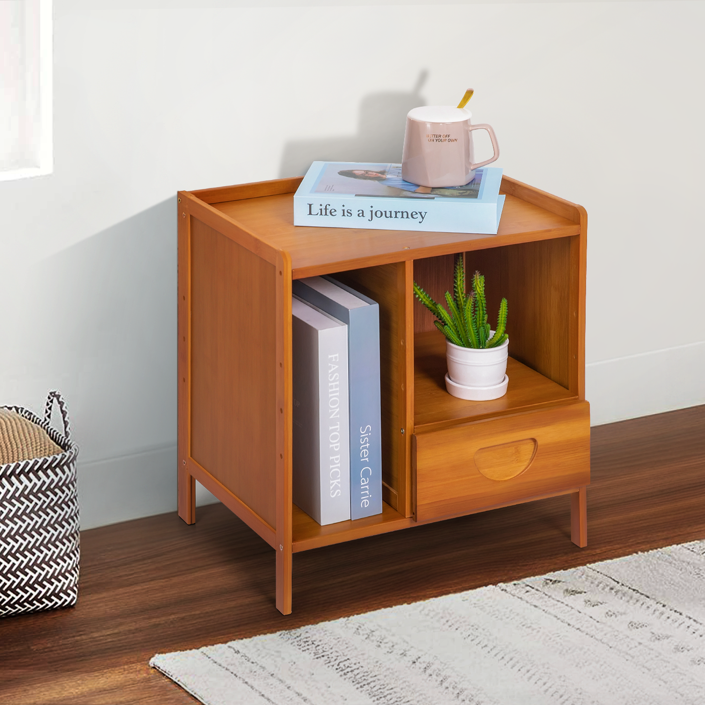 Bamboo Nightstand Open Shelve Storage Cabinet+Drawer