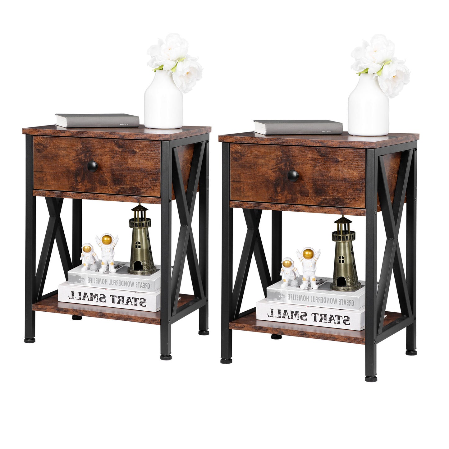 Set of 2 End Tables w/Drawers Storage