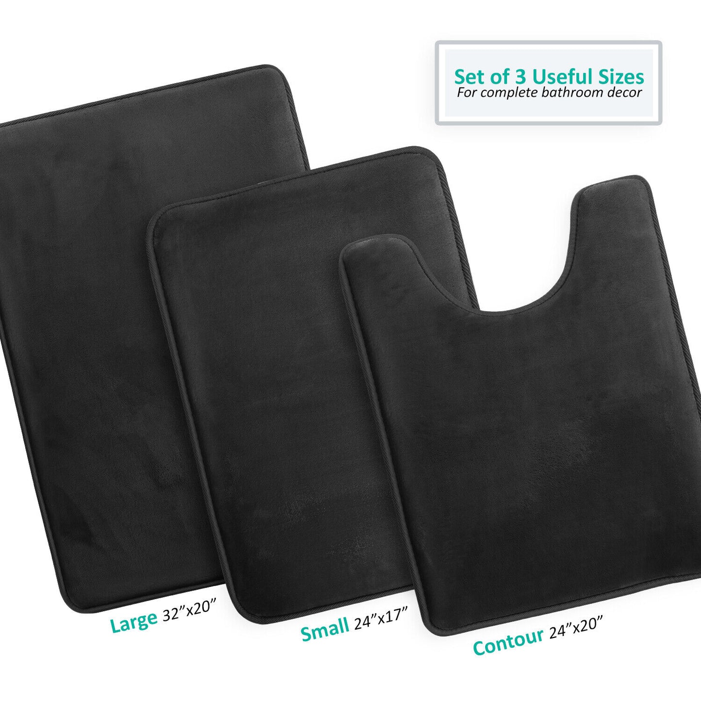 Memory Foam 3 PC Bathroom Rug-Black