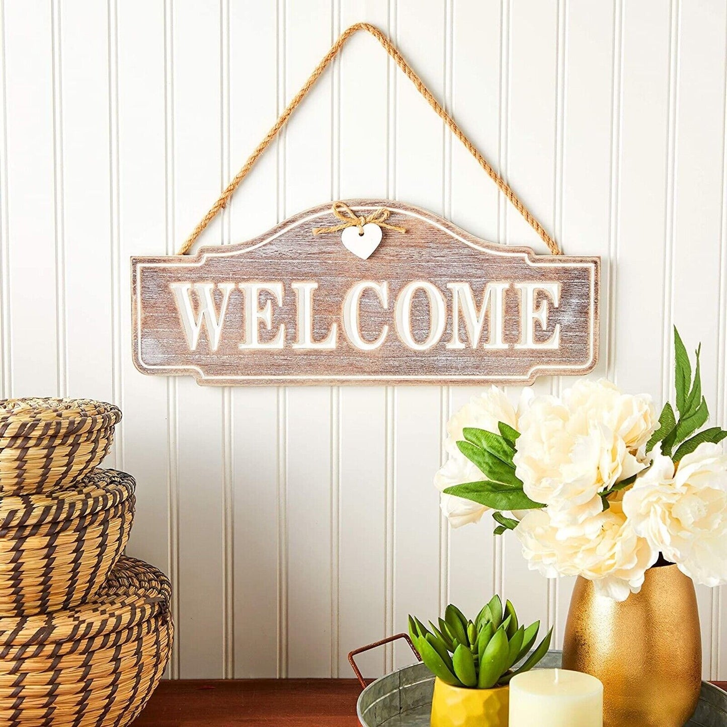 17" x 6.75" Rustic Wooden Welcome Sign Hanging