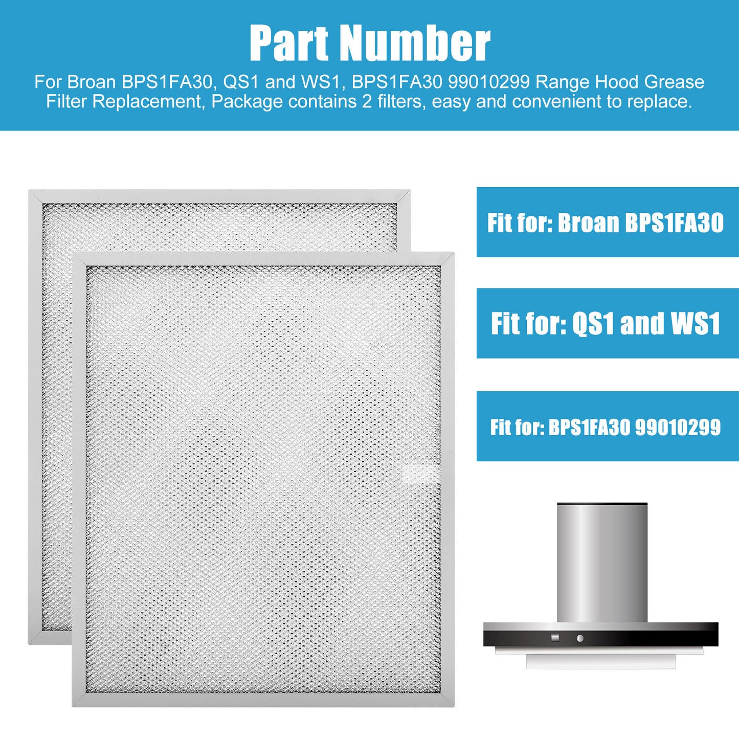 2PCS Filters for Broan Model BPS1FA30 99010299