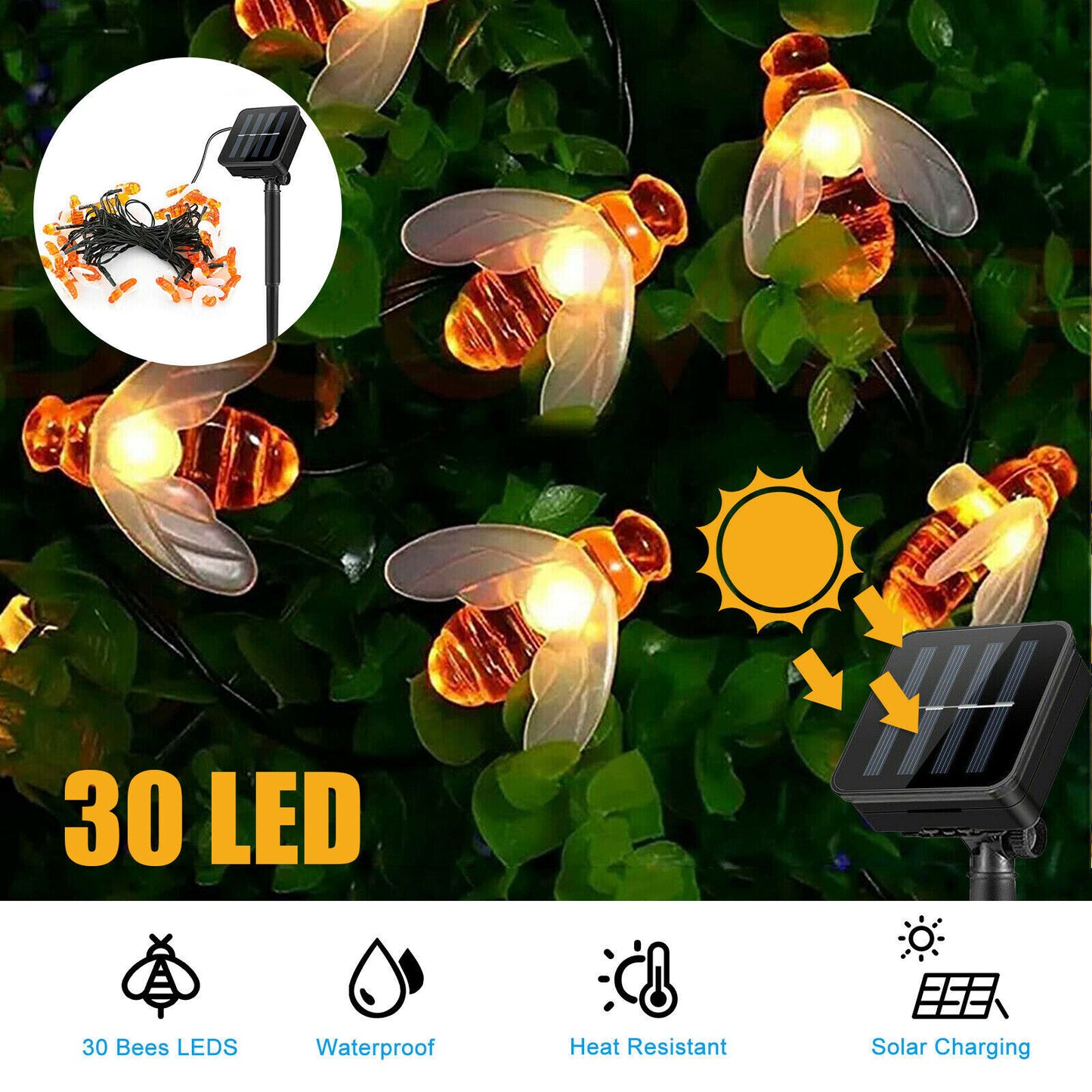 30 LED Solar Powered Bee String Lights